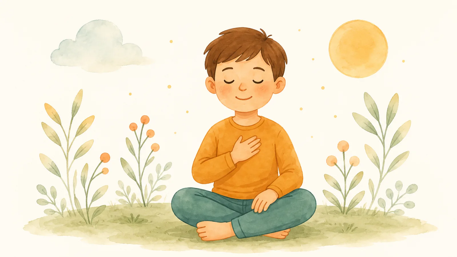 Illustration douce : un enfant assis en tailleur, une main sur le cœur, apaisé, au milieu de plantes.