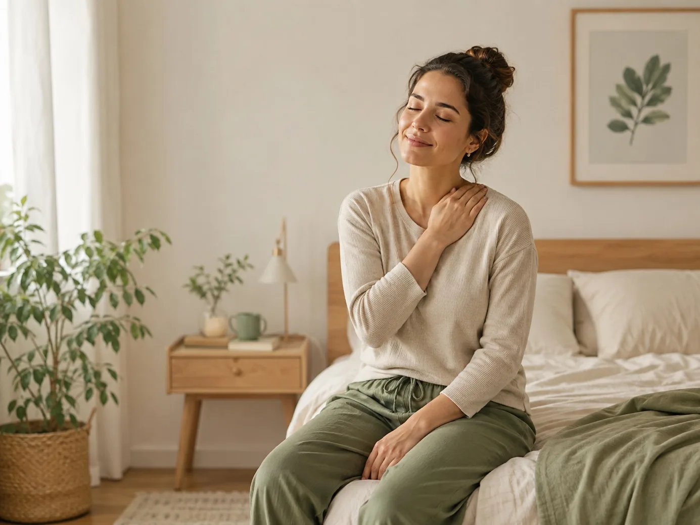 Illustration douce : une personne apaisée, assise au bord de son lit dans une chambre calme, une main posée sur l'épaule.